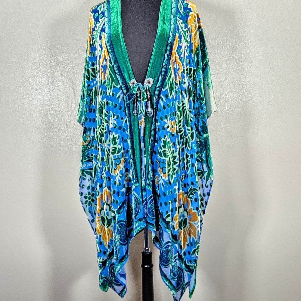 Vtg hippie Burnout Velvet Embellished Bohemian Kimono Cover Up One Size